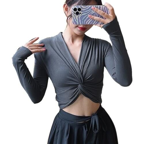 Women Sexy V Collar Yoga Tops Gym Crop Tops Long Sleeve Women Kink Elastic Sports Dance Shirt Fitness Running Tops Active Tee