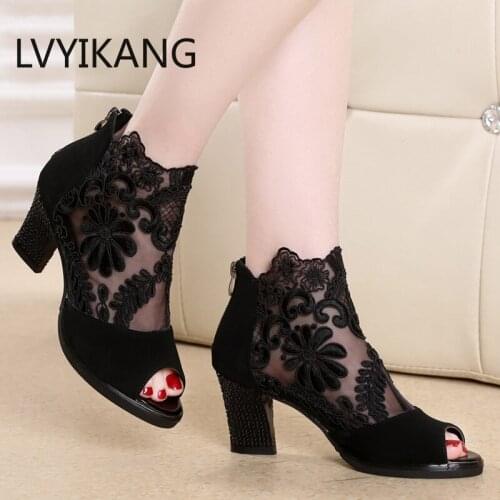 Fashion 2020 Summer Mesh Peep Toe Sandals Sexy Heels Single Shoes Lace Pumps Woman High Heel Fashion Women Shoes Platform Ladies