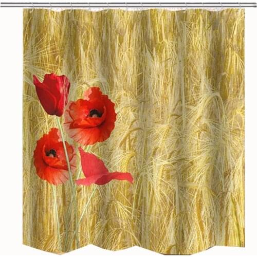 Gold wheat shower curtain red flower curtain for bathroom drop shipping polyester bathroom curtain