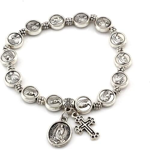 12Pcs Catholic Religious Alloy Bead Bangles For Men Women Christ Juses Cross Virgin Mary Pendant Bracelets C-81