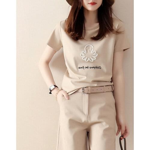 Pure Cotton T-shirt Pants Two-piece Short-sleeved Suit Women 2021 Summer New Style Korean Casual Five-point Pants