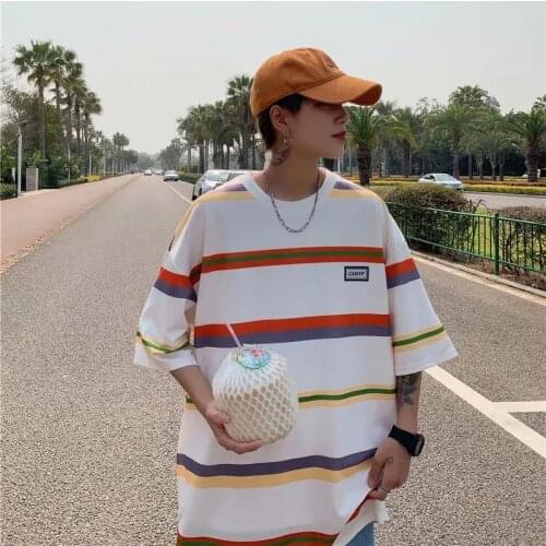 Fashion Business Style Striped Mens Loose T-Shirt Oversized Teen Simple 2021 Clothes Male Hip Hop Funny Vintage Pullover Tops