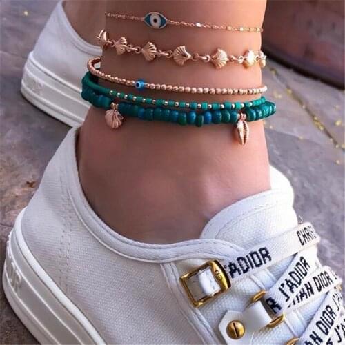 HI MAN 5Pcs/Set Bohemian Fashion Personality Mixed Acrylic Eyes Shell Anklet Women Simple Versatile Birthday Party Gift Jewelry