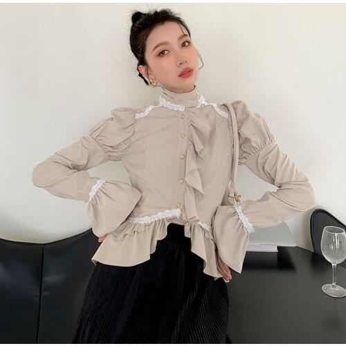 Exquisite Palace Puff Sleeve Lace High Collar Shirt Top Trumpet Sleeve Ruffle Single Breasted Fashion Women