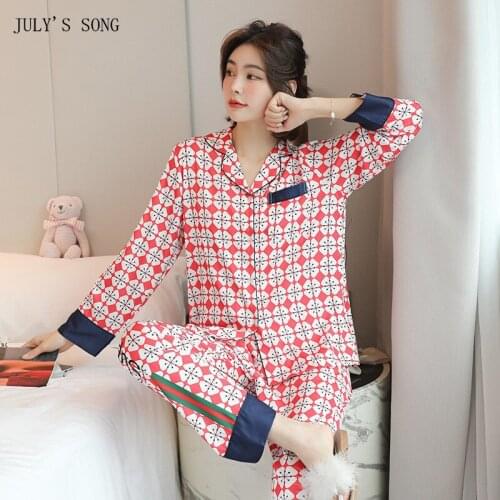 JULYS SONG 2 Pieces Ice Silk Pajamas Set Autumn Winter Floral Printed Women Casual Sleepwear Long Sleeve Trousers Homewear