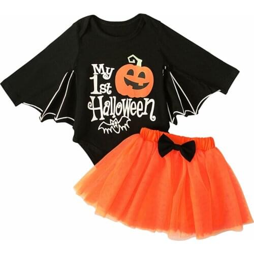 Lioraitiin 2Pcs Baby Halloween Outfits Pumpkin/Smiling Face Batwing Sleeves Romper Elastic Skirt with Bowknot for Girls