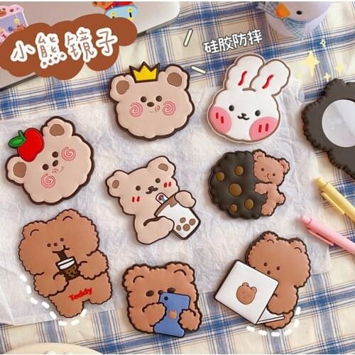 Girl Heart Small Mirror Cute Bear GoOut Makeup Mirror Students Super Cute Mini Pocket Small Dressing Mirro Folding Collapsible