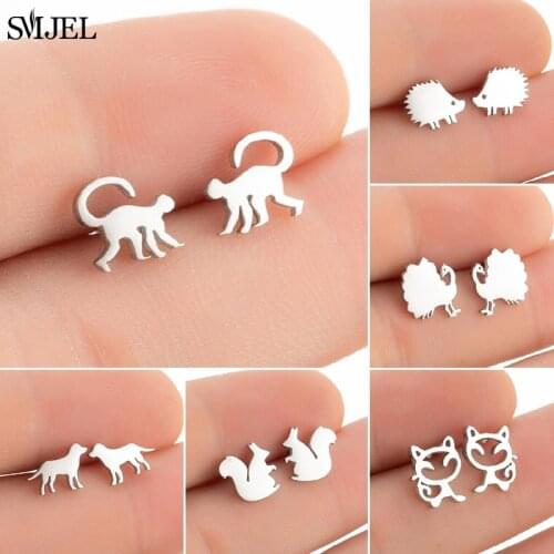 Mini Stainless Steel Animal Stud Earrings for Women Girls Fashion Cute Monkey Peacock Squirrel Earring Dog Jewlery Accessories