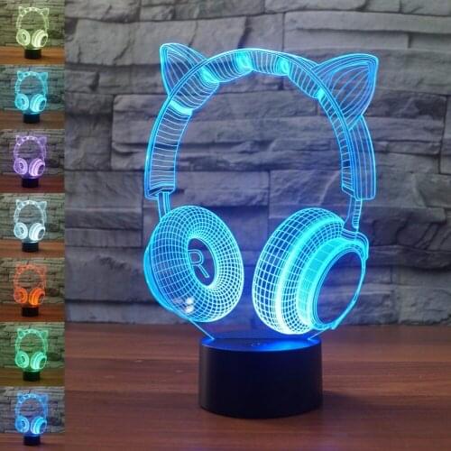 Lovely Cat Ear Headse 3D Night Light Cartoon Desk Table Lamp 3D Lamp bedroom Lamp 7 Color Changing USB Indoor Atmosphere lamp