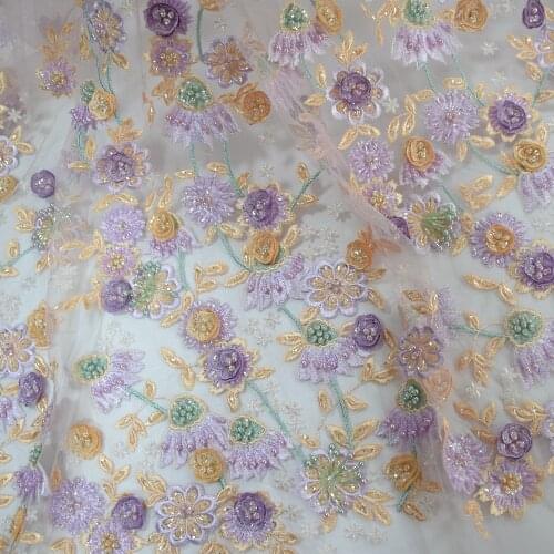 Lilac 3D Net Embroidery Flower Lace HandWork Beaded Pearls Tulle Fabrics For Party Dress HY0875