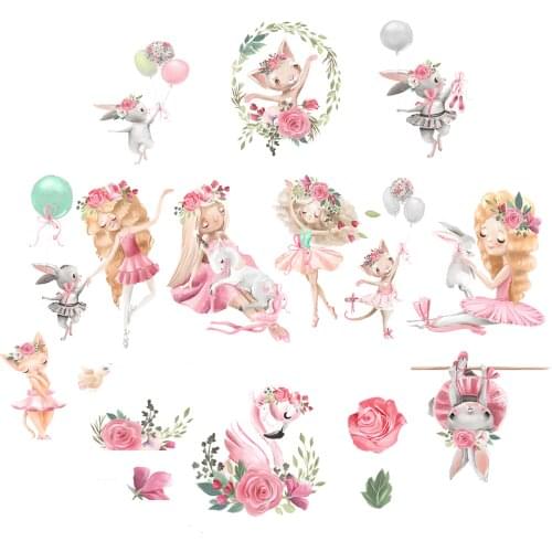 Ballet Girl Flower Stickers Grey Bunny Rabbit Wall Sticker for Girl Room Kids Gift Cartoon Decal Nursery Kindergarten Home Decor