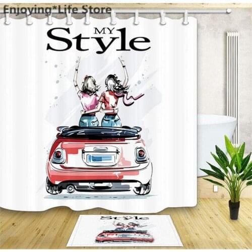 Happy Travel Shower Curtain Set Waterproof Shower Curtain Bathroom Bath Mat Fabric Rugs with Mat 12 Hooks