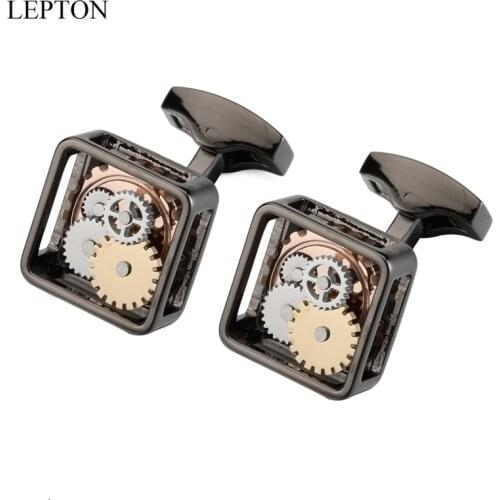 Hot Black Color Square Framed Steampunk Gear Cufflinks Lepton Watch Mechanism Cufflinks For mens Business wedding cufflink Gift