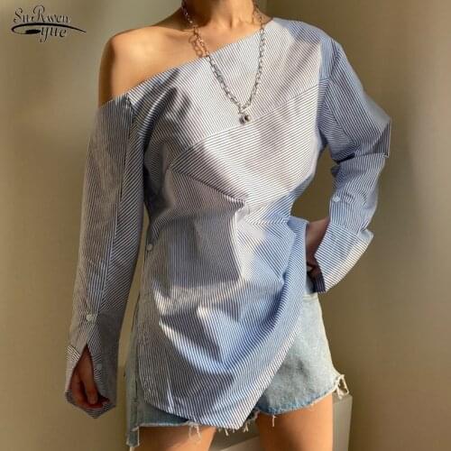 Women Elegant Autumn Strapless Blue Black Pink Striped Shirt Gentle Pure Womens blouse Long Sleeve Retro Female Top 15846