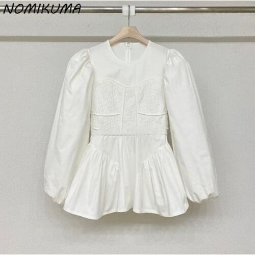 Nomikuma Woman Doll Shirt Korean Patchwork Folds Elegant Blouse Tops Puff Sleeve O-neck Blusas Mujer De Moda 2021 Autumn 6Z064