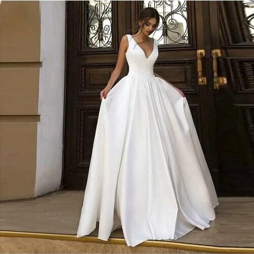 LO137 Sexy Satin V-neck Sleeveless Wedding Dresses Formal Wedding Bridal Gowns Vestidos De Novia Robe
