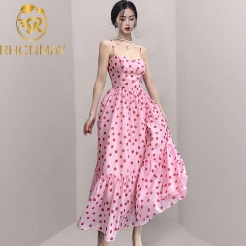 Fashion Sexy Pink Polka Dot Summer Maxi Dress Women Sweet Cute Spaghetti Strap Long Camisole Dresses Vestidos Female Chic New