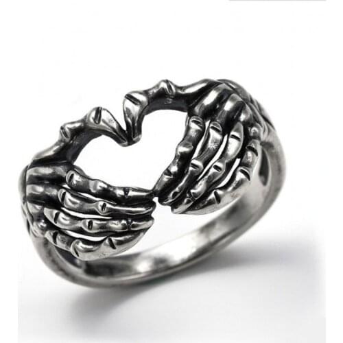 Vintage Punk Gothic Silver Plated Hand with Heart Rings for Men Skeleton Couple Ring Women Hip Hop Band Jewelry Charm Gift