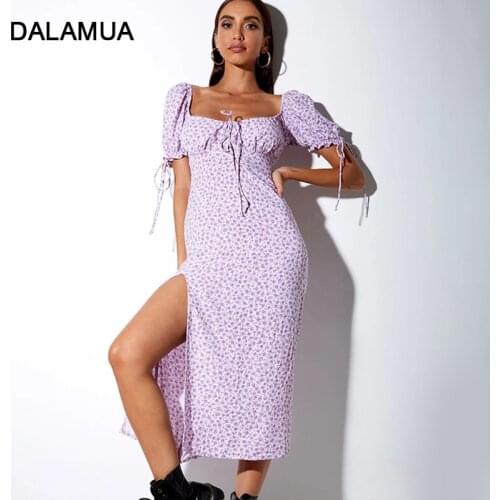 Dress For Women Floral Print Short Sleeve Summer Bow Square Collar Backless Office Lady High Waist Long 2021 Female Midi Dresses