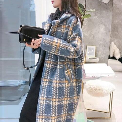 Elegant Plaid Women Woolen Coats 2021 Autumn Winter Ladies Fashion Casual Turn-down Collar Coats Female Long Loose Warm Outwear