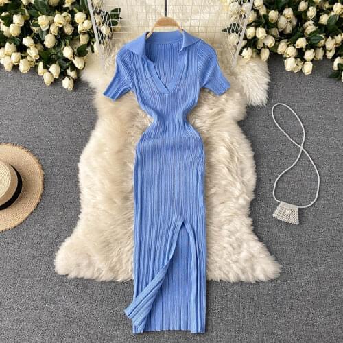 Women Elastic Knitted Sweater Dress V Neck Short Sleeve Sexy Slim Pencil Dresses Summer Korean Bodycon Split Midi Sundress