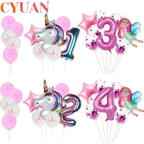 CYUAN 1set Rainbow Unicorn Party Balloons Unicorn Birthday Decoration Number Balloon Kids Birthday Party Baby Shower Globos