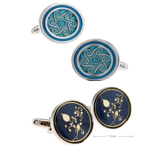 10pairs/lot Silver Round Blue Enamel Cufflinks Vintage Retro Flower Fire Pattern Cuff Links Mens Jewelry Accessory Wholesale