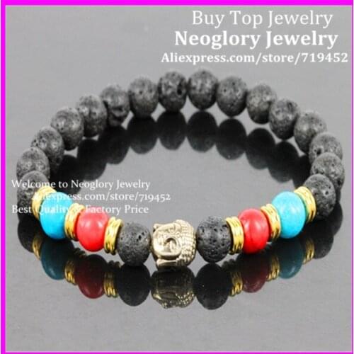 10PCS Hot Sale Jewelry Black Lava Energy Stone Beads Gold Buddha Bracelets Wholesale New Products for Mens and Womens GIft