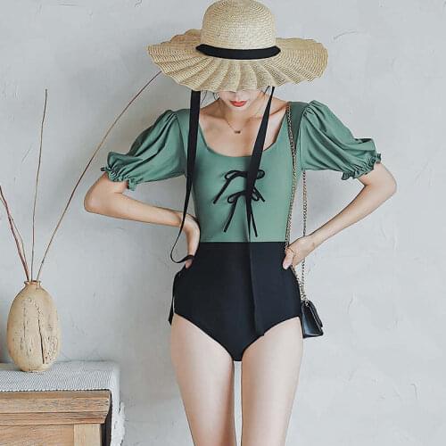2021 Korean Swimsuit Ladies Square Neck Short-Sleeved Bow Knot Decoration Is Thin Sexy One-Piece Bikini New Hot Spring Swimwear