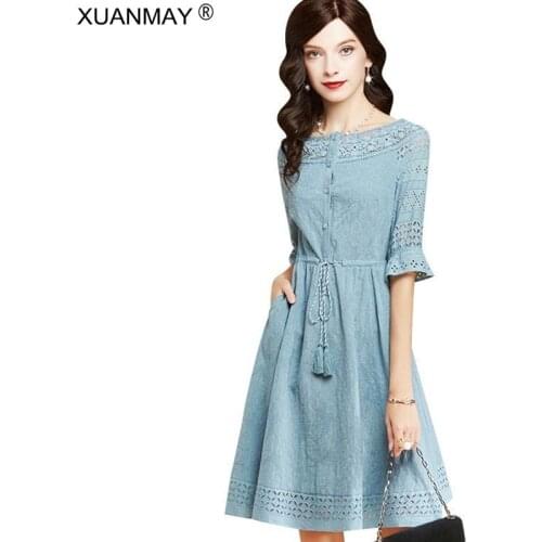 2021 Summer Womens Lace dress Long style with belt decoration Light blue Retro dress Elegant fashion Summer Cotton dress