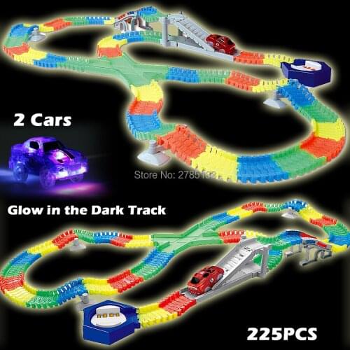 225PCS Slot Glow in the Dark Glow race track Create A Road Bend Flexible Tracks with 2PCS LED Light Up Cars Educational Toys