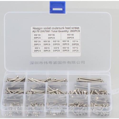 260pcs M3 mm flat head countersunk head grade 10.9 304 stainless steel Hex Socket Head Cap Screw DIN7991 Screws