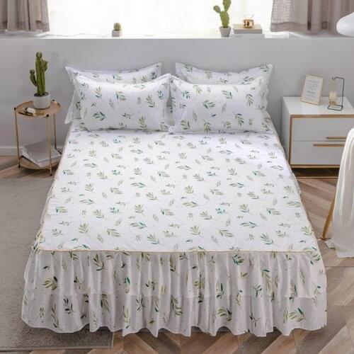 3Pcs/Set Bed Skirt Pillowcase Double Layer Lotus Leaf Lace Skirt Print Dustproof Bedspread Home Decor Bed Cover Sheet Cover
