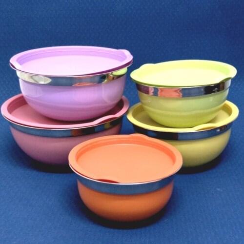 Free Shipping Supreme Quality Colorful Coating Stainless Steel Mixing Bowls with Lids, Set of 5 (00297)