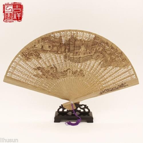 Chinese Handmade Classical Sandal Wood Fragrant Hollow Folding Bamboo Fan