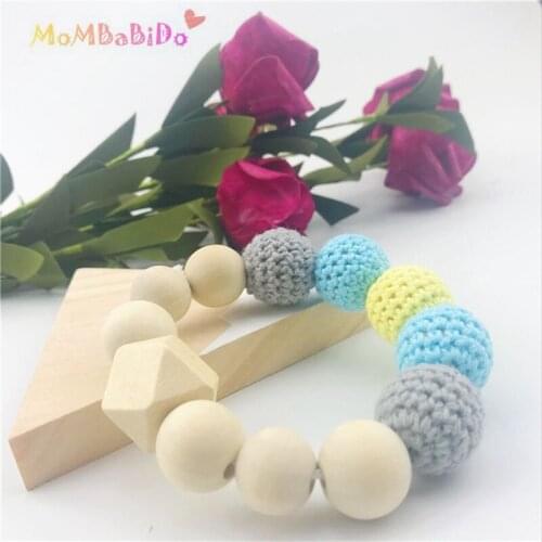 Baby Teething Bracelet, Teething Ring Toys Wooden Teether Baby Shower Gifts Wood & Crochet Beads Girl/Boy Toy
