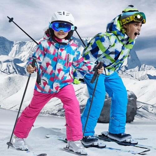 Children Winter Thermal Ski Suit Waterproof Pants+Jacket Set Boy/Girls Winter Sports Thickened Clothes Windproof Kid Ski Suits