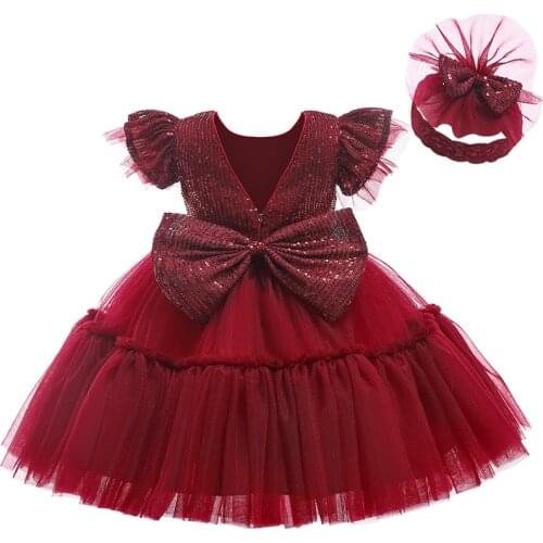 Flying Sleeve Sequined Princess Dress Baby Girl Lace Bow Christmas Toddler Girl Birthday Party Costume Kids Performance Costume