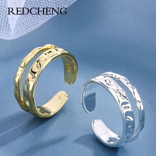 REDCHENG 925 Sterling Silver Double Layer Rings for Women Fashion Concave Convex Wave Pattern Design Circle Wedding Jewelry Gift