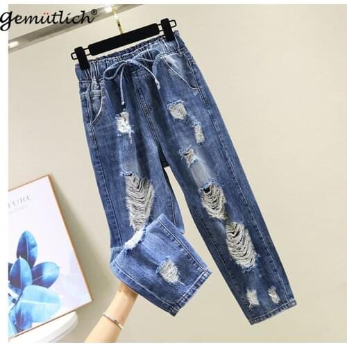 GEMUTLICH Plus Size Denim Rippped Hole Harem Pants Elastic High Waist Loose Ankle-Length Jeans Casual Trousers Lace up
