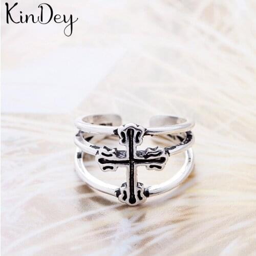 Kindey Wholesale Real Silver Color Cross Rings For Women Big Antique Rings Finger Jewelry High Quality
