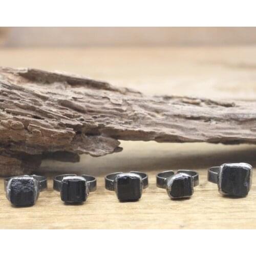 Raw Black Tourmaline Antique Silver Ring Healing Crystal Irregular Stone Adjustable Brass Ring Fashion Women Jewelry,QC4132