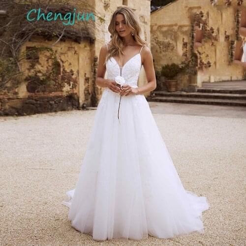 Chengjun Spaghetti Straps V Neck Tulle Lace White A Line Wedding Dress