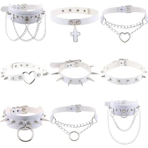 Unusual necklace white Leather Chokers Vintage Gothic Jewelry Accessories Goth metal chain Necklaces for Women Collier students
