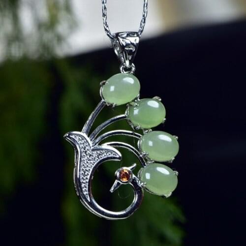 Natural green jade pendant handcarve peacock jade pendants with 925 sterling silver necklace jadeite jade jewelry jade necklace