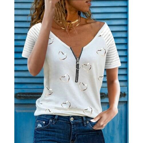 Zipper Decor V-Neck Short Sleeve Heart Print Pullovers Top Fashion Women Scasual Loose T-Shirts for Streetwear
