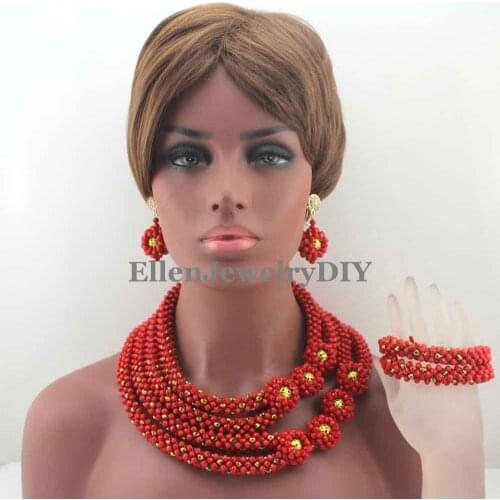 Fabulous Red nigerian wedding beads Bridal Statement Necklace Set Handmade Beaded African beads Jewelry Sets W13365
