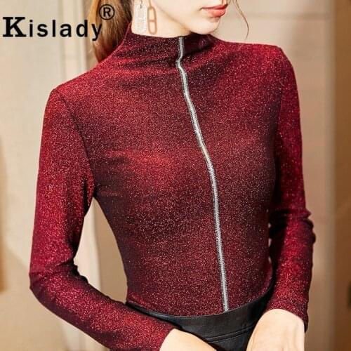 2020 Spring Fall Womens Shining Silk Long Sleeve Gothic Shirts Sexy Plus Size OL New Tops Harajuku Turleneck Korean Clothes