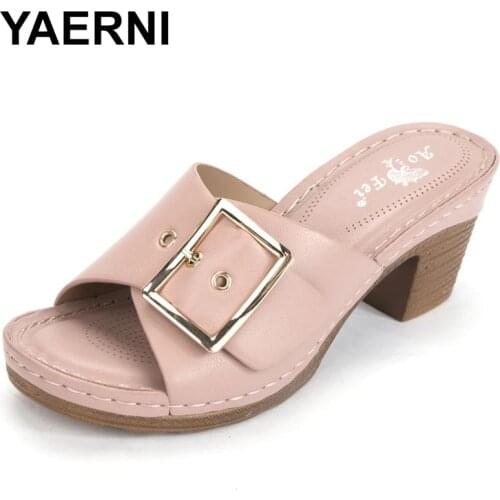 YAERNI 2021 Women Europe and America metal Sandals Slippers High Heels Square Toe Slides Party Shoes External wear One Word With