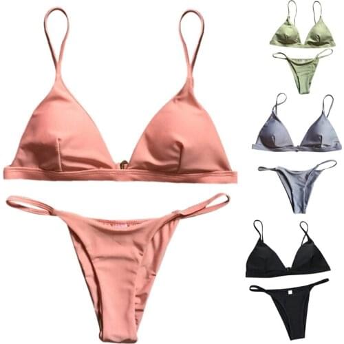 2021 Summer Sexy Women Push Up Bikini Set Solid Color Adjustable Spaghetti Straps Low-cut Ladies Beach Swimsuits Swimwear Suit